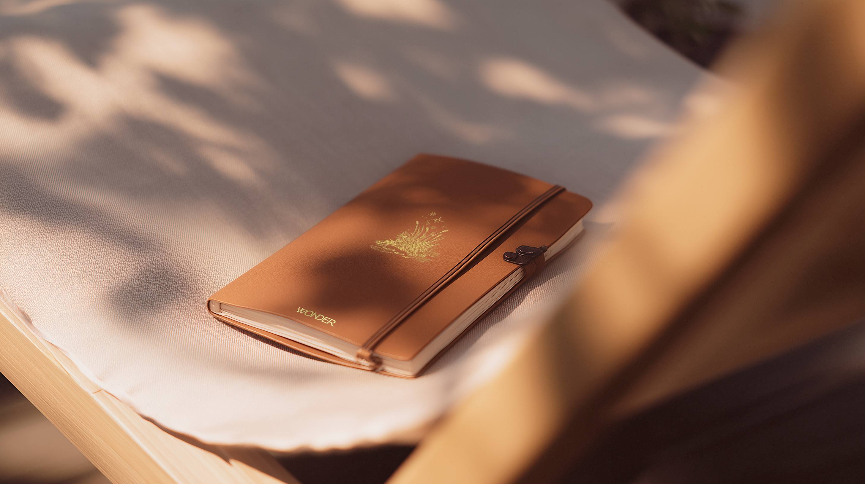 Carnet en cuir marqué à chaud posé sur une chaise longue