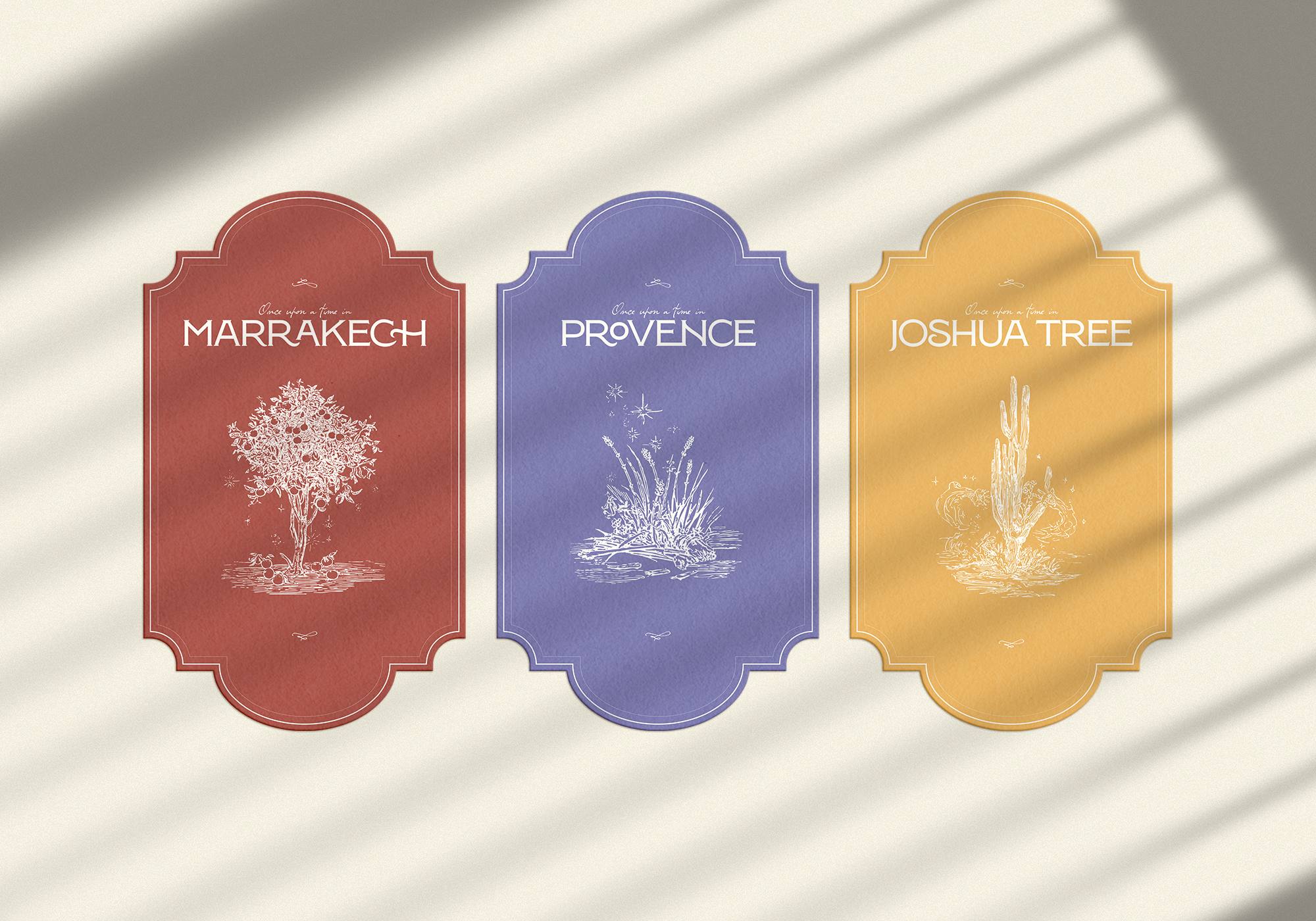 Trois cartes illustrées Marrakech, Provence et Joshua Tree, identité Wonder