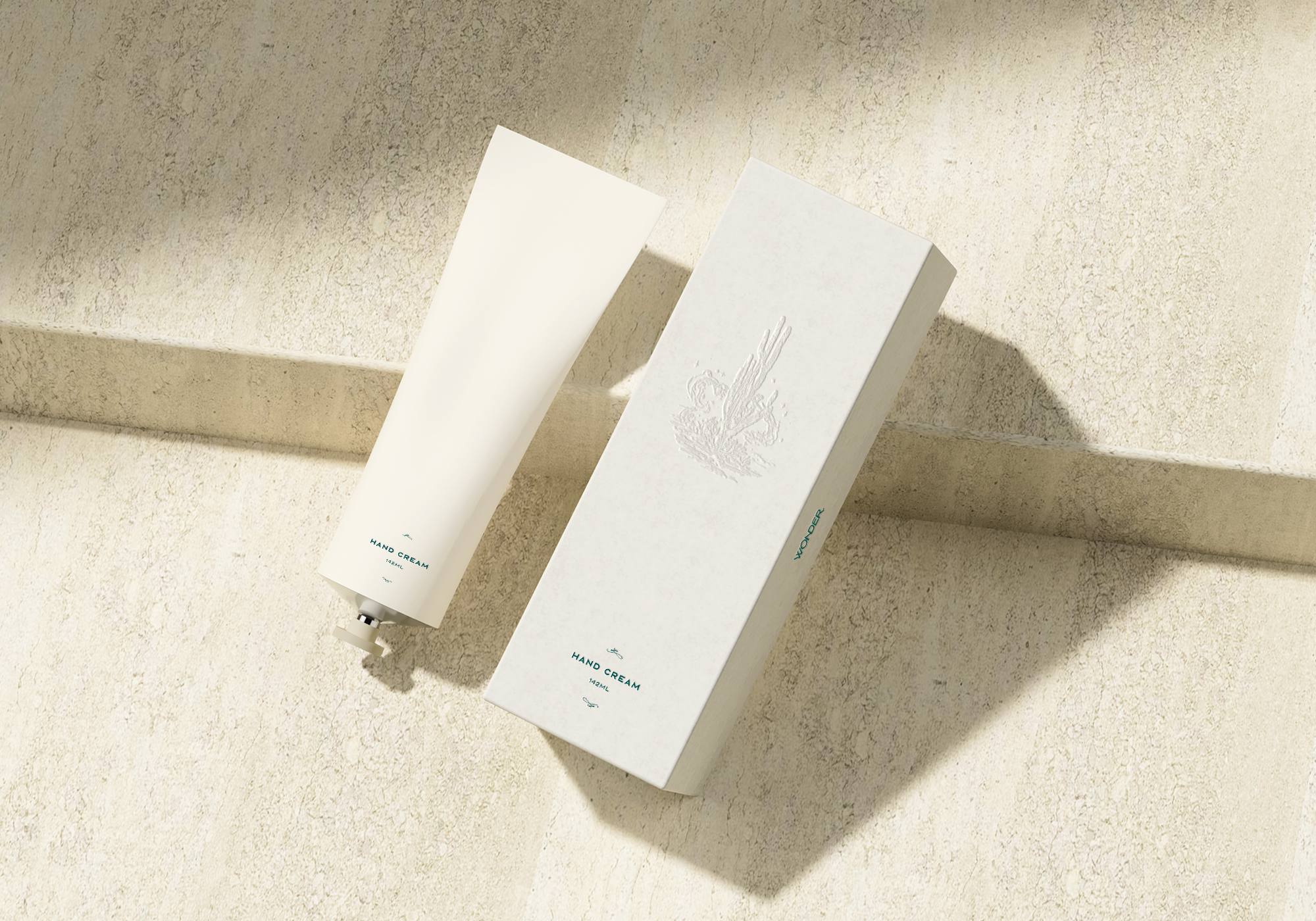 Tube et boîte de crème pour les mains gravés d’un cactus, identité Wonder