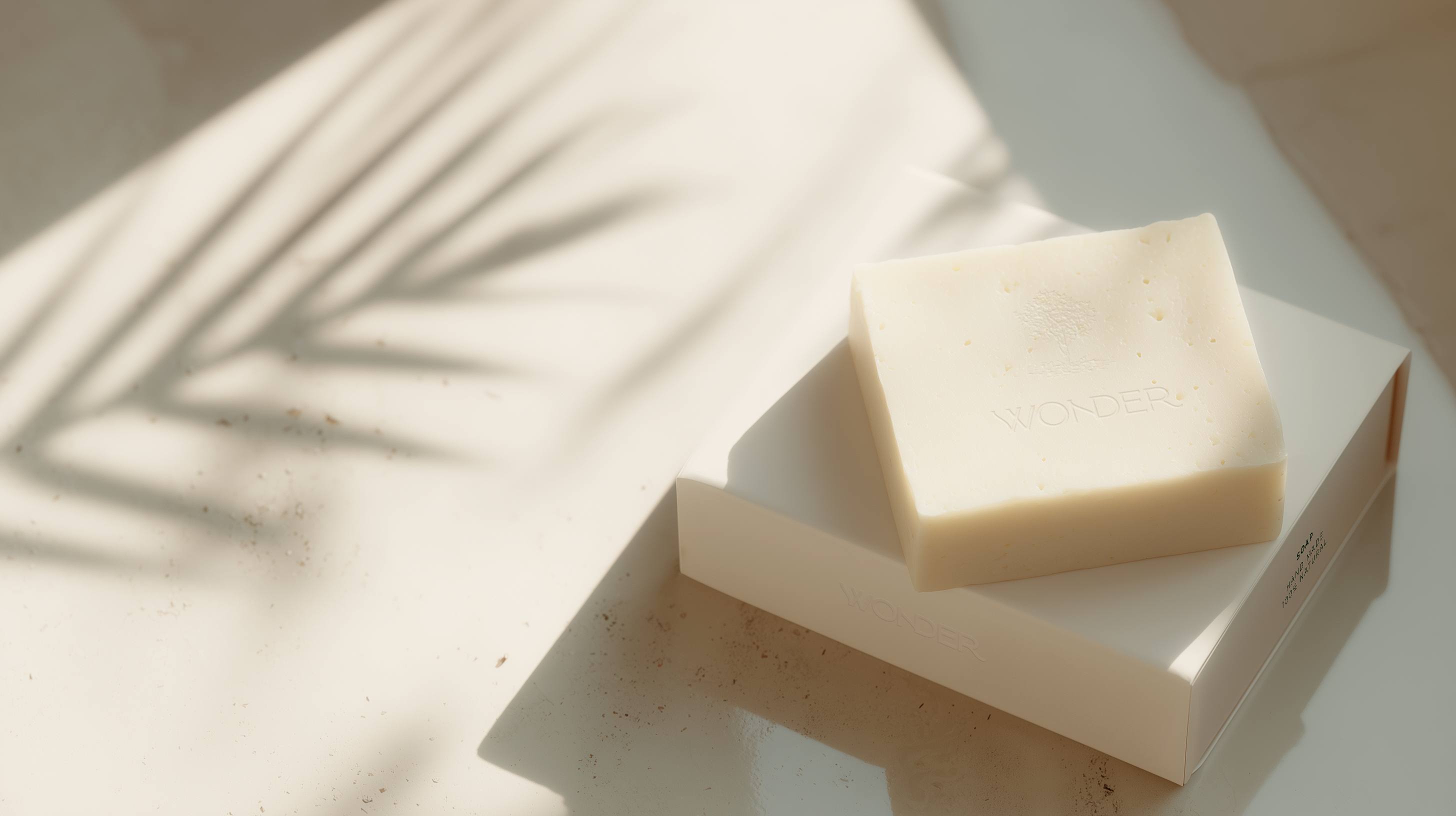 Savon gravé et sa boîte au soleil, ombre de palmier