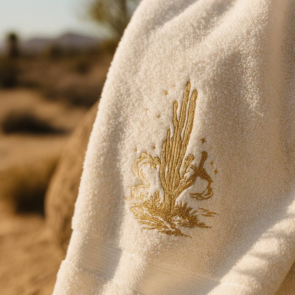 Serviette éponge brodée d’un cactus doré dans le désert