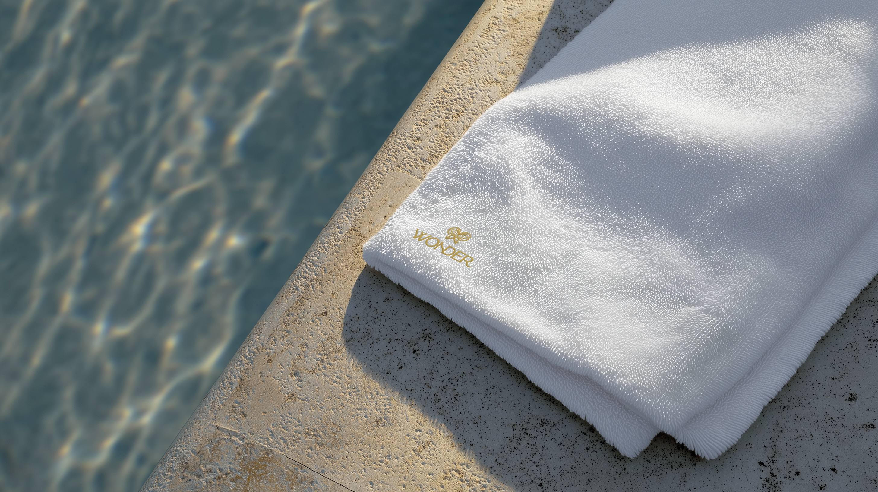 Serviette brodée au bord d’une piscine en pierre, lumière du matin